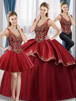 Low Price Wine Red Lace Up V-neck Beading and Embroidery Quinceanera Gowns Satin and Tulle Sleeveless