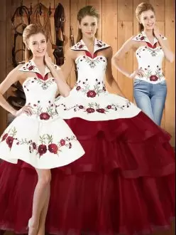 Stylish Wine Red Sleeveless Satin and Organza Sweep Train Lace Up Quinceanera Dresses for Military Ball and Sweet 16 and Quinceanera