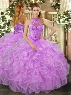 Luxury Halter Top Sleeveless Lace Up Vestidos de Quinceanera Lavender Organza Beading and Ruffles