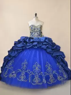 Royal Blue Taffeta and Tulle Lace Up Sweet 16 Dress Sleeveless Brush Train Beading