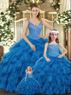 Suitable Teal Quinceanera Gowns Military Ball and Sweet 16 and Quinceanera with Beading and Ruffles Straps Sleeveless Lace Up