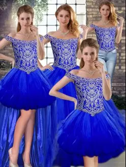 Decent Royal Blue Ball Gowns Tulle Off The Shoulder Sleeveless Beading and Ruffles Floor Length Lace Up Quinceanera Gowns