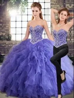 Floor Length Lavender Quince Ball Gowns Tulle Sleeveless Beading and Ruffles