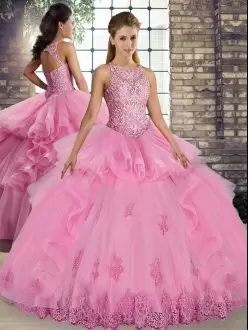 Classical Scoop Sleeveless 15th Birthday Dress Floor Length Lace and Embroidery and Ruffles Rose Pink Tulle