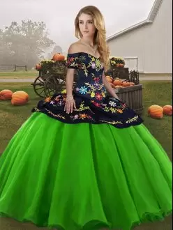 Green Tulle Lace Up Off The Shoulder Sleeveless Floor Length 15 Quinceanera Dress Embroidery