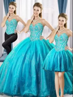 Blue Sweetheart Neckline Beading Quince Ball Gowns Sleeveless Lace Up