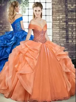 Lovely Orange Lace Up Quince Ball Gowns Beading and Ruffles Sleeveless Floor Length