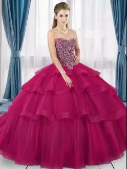Lace Up Quinceanera Gown Fuchsia for Military Ball and Sweet 16 and Quinceanera with Beading and Ruffled Layers Brush Train