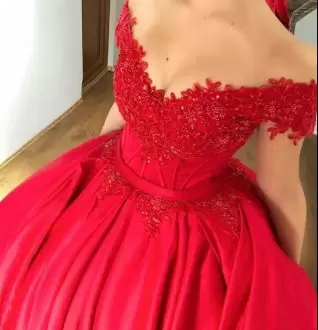 Cheap Red Off the Shoulder Quinceanera Dress With Appliques Under 200