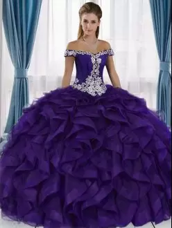 Discount Purple Ruffled Ball Gown Off The Shoulder Organza Quinceanera Dress with Silver Details