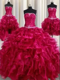 Burgundy Organza Lace Up Strapless Sleeveless Floor Length Quinceanera Gowns Beading and Ruffles