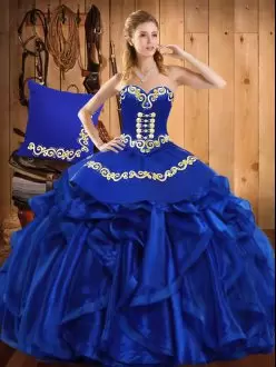 Fashion Floor Length Lace Up Vestidos de Quinceanera Royal Blue for Military Ball and Sweet 16 and Quinceanera with Embroidery and Ruffles