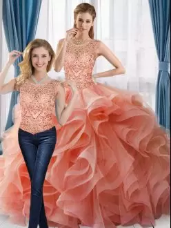 Fantastic Peach Ball Gowns Scoop Sleeveless Tulle Floor Length Beading Sweet 16 Dresses