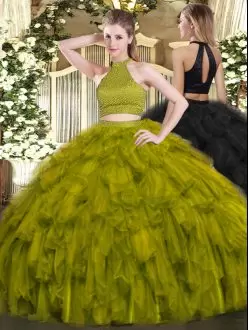Deluxe Olive Green Sleeveless Organza Backless Ball Gown Prom Dress for Military Ball and Sweet 16 and Quinceanera