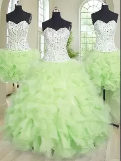 Yellow Green Quinceanera Gowns Military Ball and Sweet 16 and Quinceanera with Beading and Ruffles Sweetheart Sleeveless Lace Up