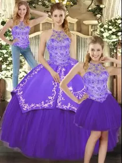 High End Halter Top Sleeveless Quinceanera Gowns Floor Length Beading and Embroidery Purple Satin and Tulle
