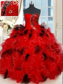Black and Red Sweetheart Neckline Beading and Ruffles and Sequins Quinceanera Dress Sleeveless Lace Up