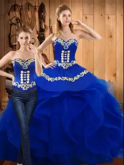 Most Popular Sleeveless Satin and Organza Floor Length Lace Up Quince Ball Gowns in Blue with Embroidery and Ruffles