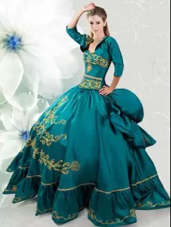 Romantic Sweetheart Sleeveless Quinceanera Dresses Floor Length Beading and Embroidery Teal Taffeta