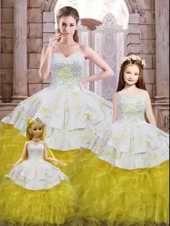 Sweetheart Sleeveless Quince Ball Gowns Floor Length Beading and Appliques and Ruffles Yellow And White Organza
