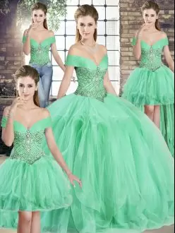 Hot Selling Apple Green Lace Up Off The Shoulder Beading and Ruffles Sweet 16 Dress Tulle Sleeveless