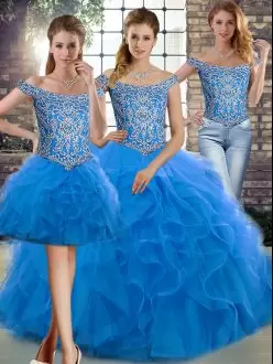 Decent Blue Three Pieces Off The Shoulder Sleeveless Tulle Brush Train Lace Up Beading and Ruffles 15 Quinceanera Dress