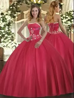 Floor Length Red Quinceanera Dress Strapless Sleeveless Lace Up