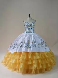 Popular Sleeveless Floor Length Embroidery and Ruffled Layers Lace Up Sweet 16 Quinceanera Dress with Yellow And White