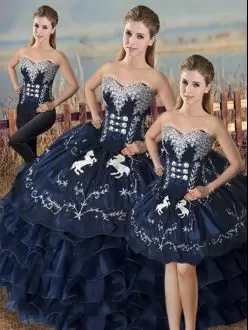 Perfect Sleeveless Organza Floor Length Lace Up Ball Gown Prom Dress in Navy Blue with Embroidery and Ruffles