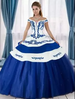 Affordable Floor Length Lace Up Quinceanera Gowns Blue and Blue And White for Military Ball and Sweet 16 and Quinceanera with Embroidery
