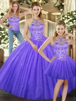 Beautiful Three Pieces Vestidos de Quinceanera Lavender Halter Top Tulle Sleeveless Floor Length Lace Up
