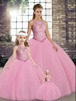 Custom Designed Pink Ball Gowns Tulle Scoop Sleeveless Embroidery Floor Length Lace Up Vestidos de Quinceanera