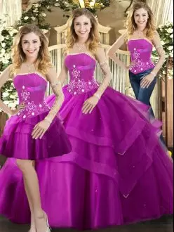 Fuchsia Strapless 3-Pieces Beading Ruffled Layers Quinceanera Dress