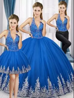 Noble Halter Top Sleeveless 15 Quinceanera Dress Floor Length Beading and Appliques Royal Blue Tulle