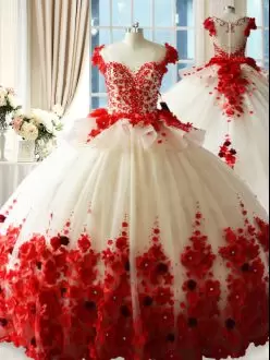 Chic Champagne Red Tulle Brush Train Zipper Sweet 16 Dress with Handmade Flowers