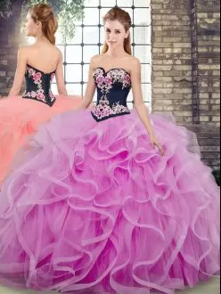 Lilac Ball Gowns Tulle Sweetheart Sleeveless Embroidery and Ruffles Lace Up Quinceanera Gowns Sweep Train