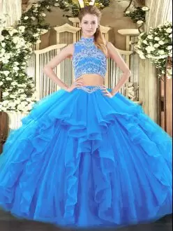 High Quality Baby Blue Sleeveless Floor Length Beading and Ruffles Backless Ball Gown Prom Dress High-neck