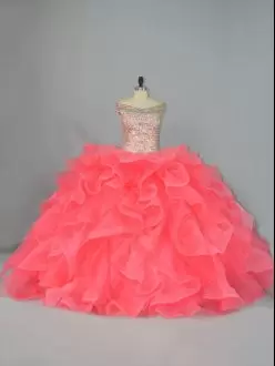 Watermelon Red Illusion Neck Sweet 15 Quinceanera Dress with Beaded Bodice