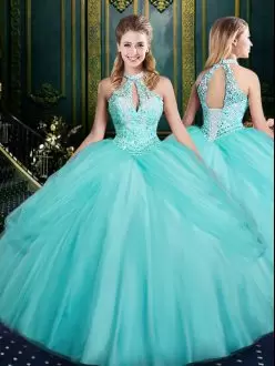 Most Popular Halter Top Sleeveless Lace Up 15 Quinceanera Dress Aqua Blue Tulle Beading and Pick Ups