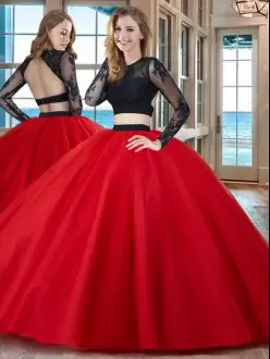 Simple Black and Red Long Sleeves 2 Piece Quinceanera Dress Backless with Scoop Neckline Appliques