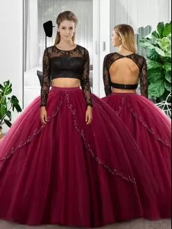 Fuchsia Two Pieces Tulle Scoop Long Sleeves Lace and Ruching Floor Length Backless Sweet 16 Quinceanera Dress