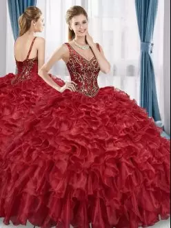 Unique Red Ball Gowns Organza V-neck Sleeveless Beading and Ruffles Floor Length Lace Up Vestidos de Quinceanera