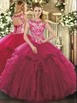 Sleeveless Organza Floor Length Lace Up Quinceanera Dress in Fuchsia with Beading and Ruffles