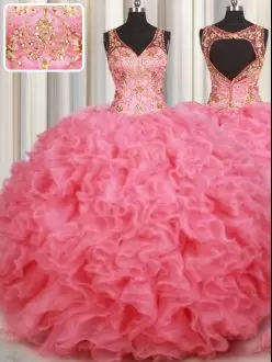 Clearance Pink Ball Gown Prom Dress Military Ball and Sweet 16 and Quinceanera with Beading and Ruffles V-neck Sleeveless Backless