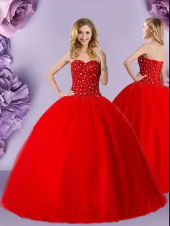 Red Ball Gowns Beading Sweet 16 Dresses Lace Up Tulle Sleeveless Floor Length