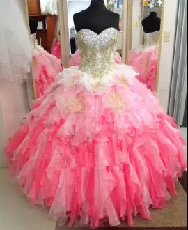 Designer Organza Sweetheart Sleeveless Zipper Beading Quinceanera Dresses in Pink