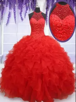 Ball Gowns Sweet 16 Quinceanera Dress Red Halter Top Organza Sleeveless Floor Length Lace Up