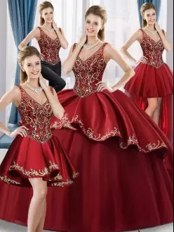 Stylish Beading and Embroidery 15 Quinceanera Dress Red Lace Up Sleeveless Floor Length
