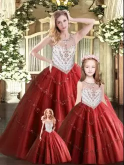 Admirable Ball Gowns 15 Quinceanera Dress Wine Red Scoop Tulle Sleeveless Floor Length Lace Up