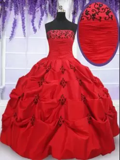 Taffeta Strapless Sleeveless Lace Up Appliques and Pick Ups Sweet 16 Dress in Red